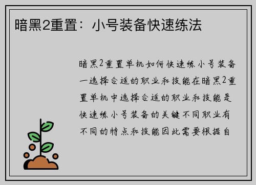 暗黑2重置：小号装备快速练法